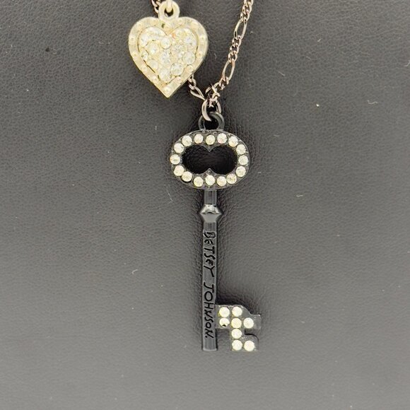 Betsey Johnson Layered Necklace Key Heart Pendants Rhinestones Bow Accents - Picture 5 of 15